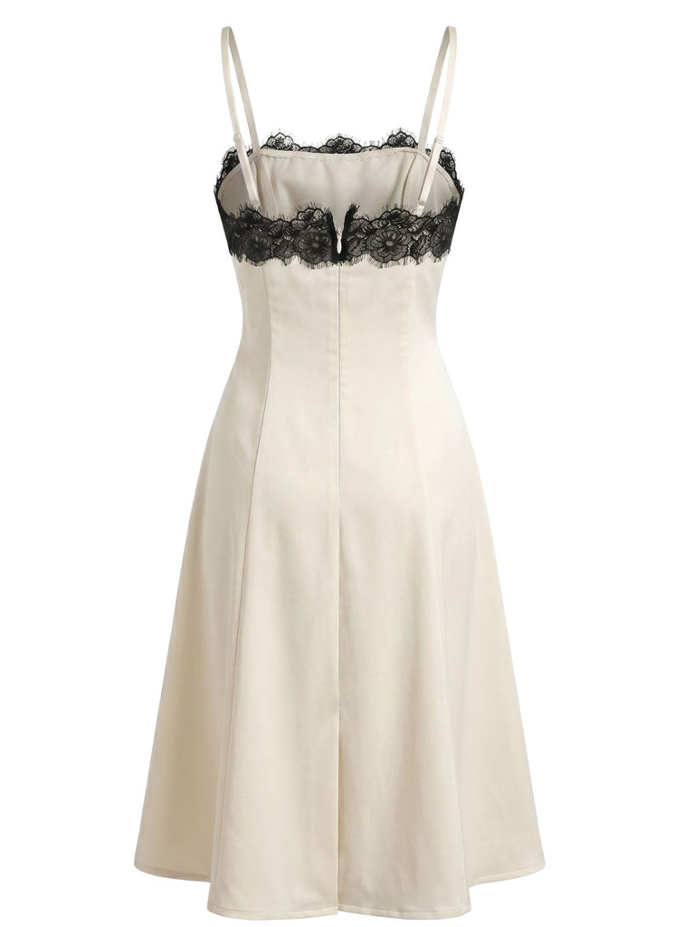 Beige 1940s Lace Off Shoulder Spaghetti Strap Dress, vintage dress, retro fashion, lace detail - perfect for women who love vintage and retro fashion