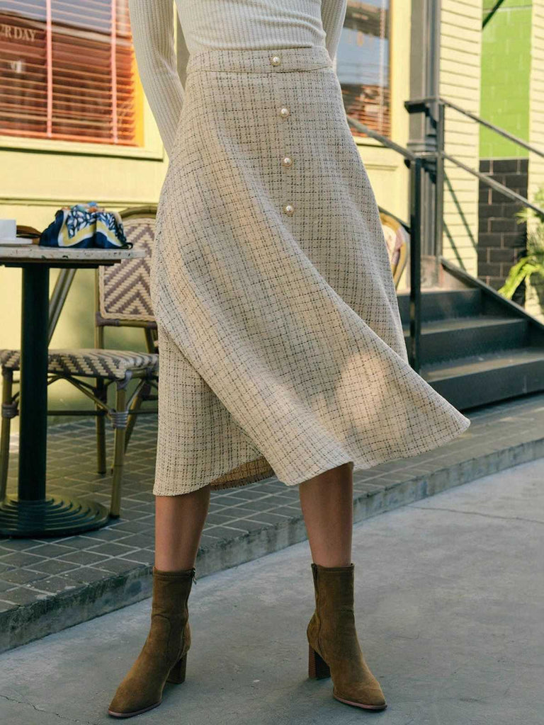 Beige 1940s Pearl Button Plaid Tweed A-Line Skirt - vintage skirt, retro style