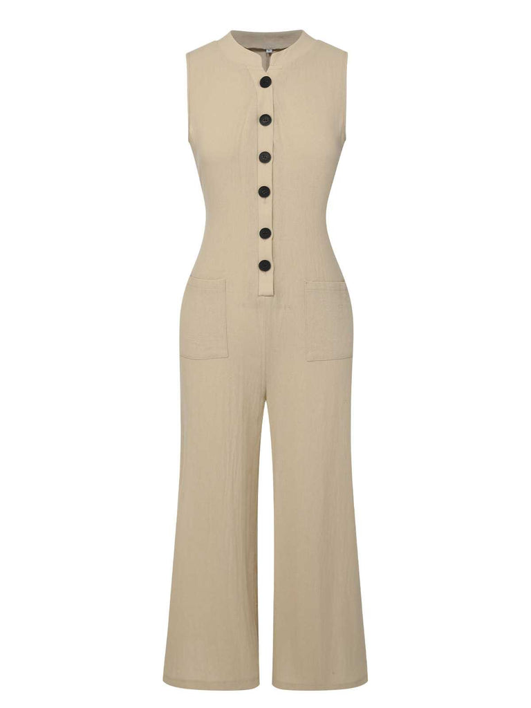 She finds her 1940s story in this Beige 1940s Pockets Solid Sleeveless Jumpsuit