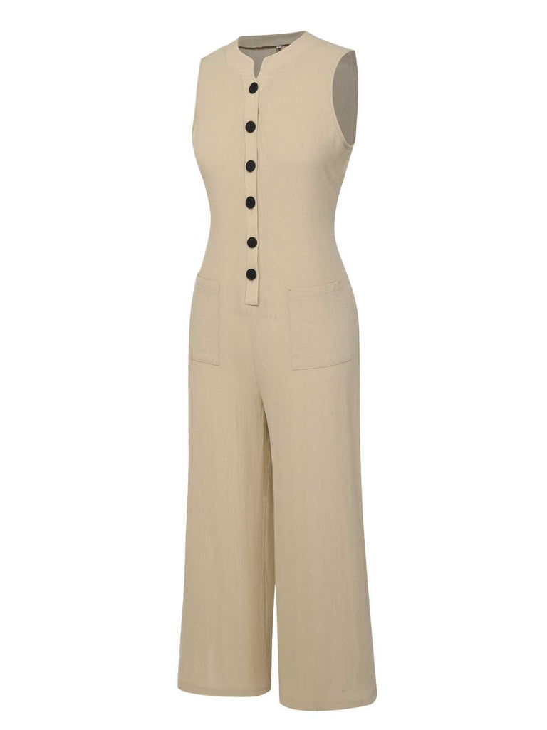 Beige 1940s Pockets Solid Sleeveless Jumpsuit: timeless 1940s elegance she makes her own
