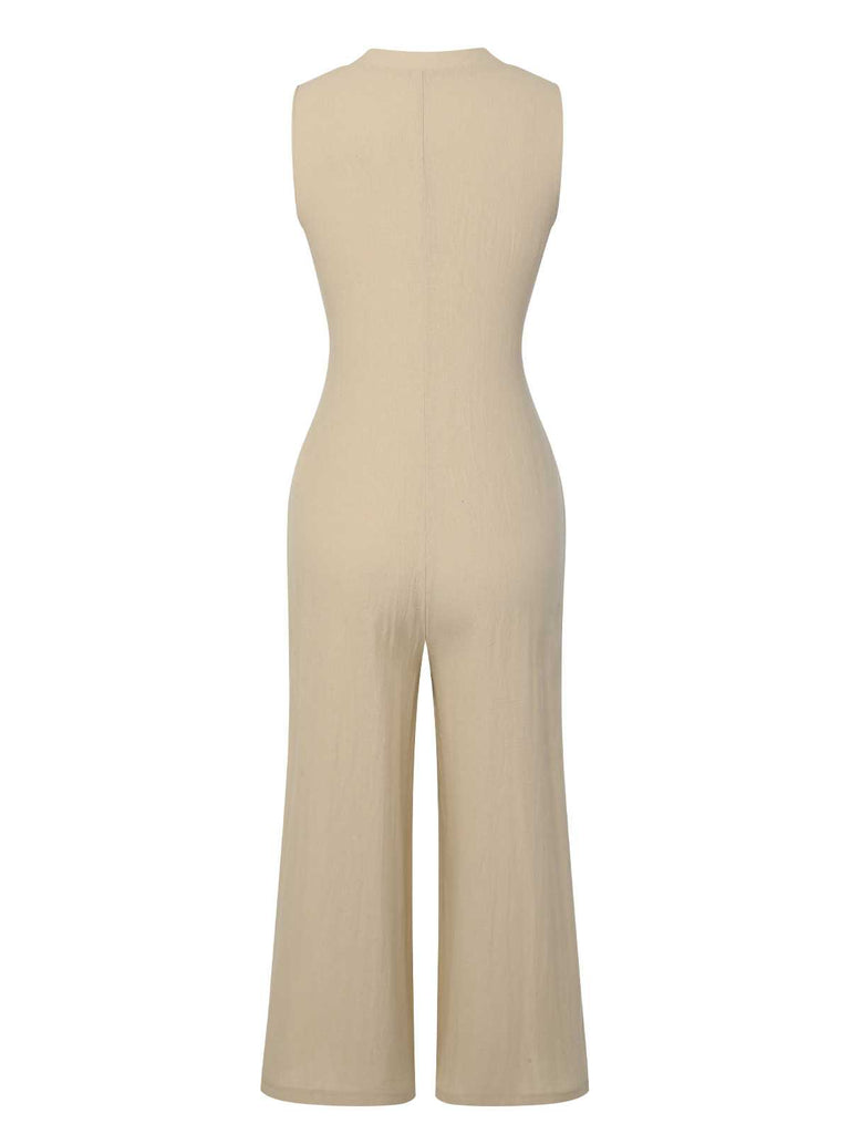 This Beige 1940s Pockets Solid Sleeveless Jumpsuit whispers 1940s secrets to those who notice