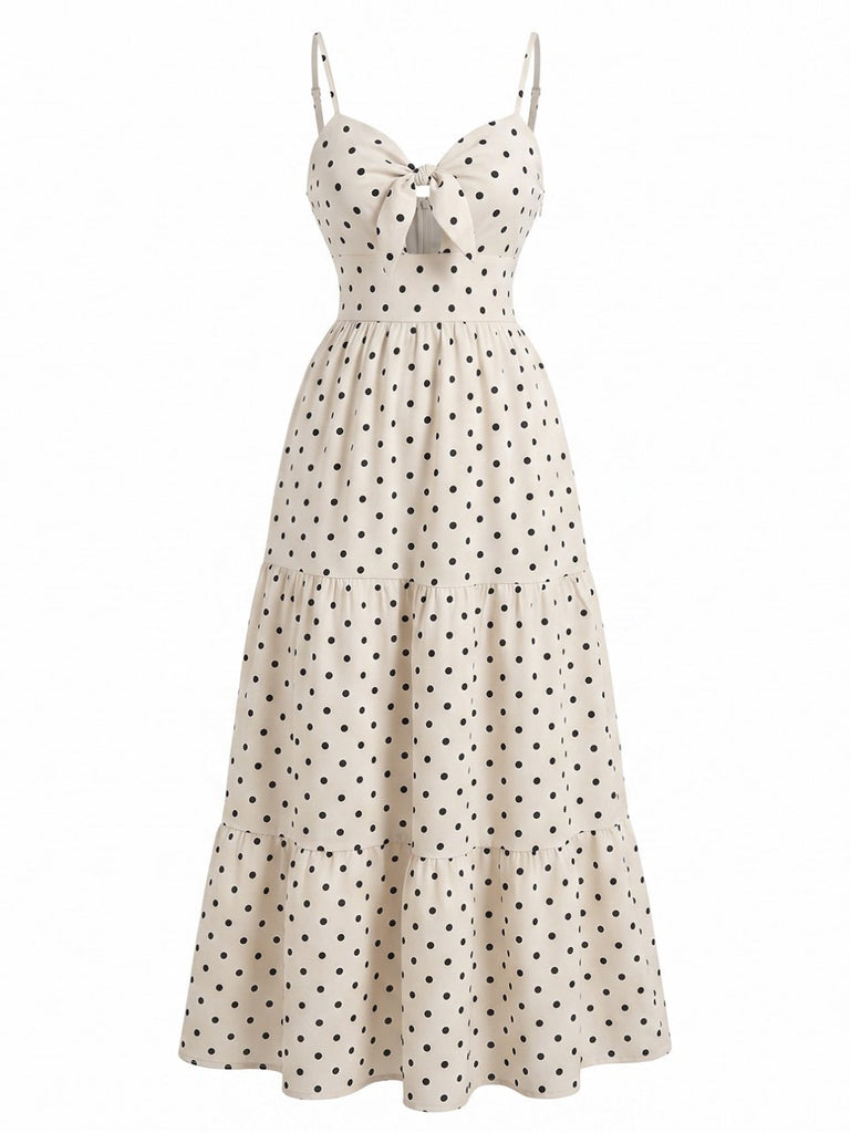 Beige 1940s Polka Dot Hollow Bow Slip Dress