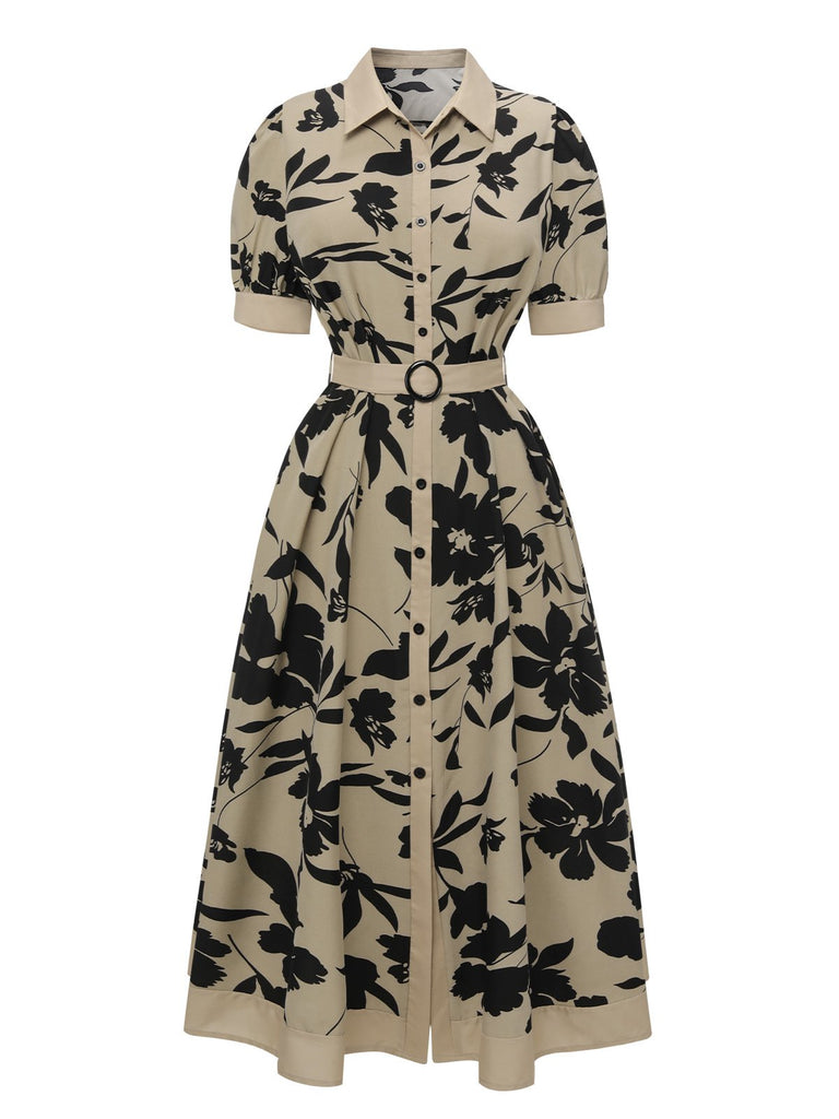 Retro Stage Vintage Floral Belted Button up Midi Dress Beige Retro Stage Vintage Floral Belted Button up Midi Dress Beige