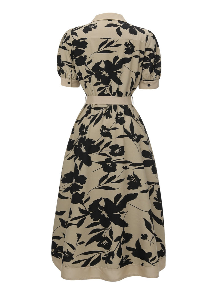 Retro Stage Vintage Floral Belted Button up Midi Dress Beige