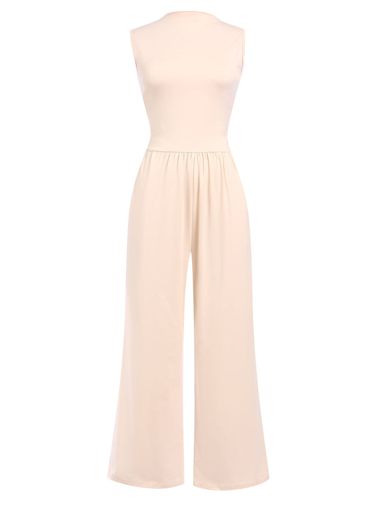 Beige 1940s Solid High Neck Jumpsuit, vintage romper, retro jumpsuit - perfect for women who love vintage and retro fashion