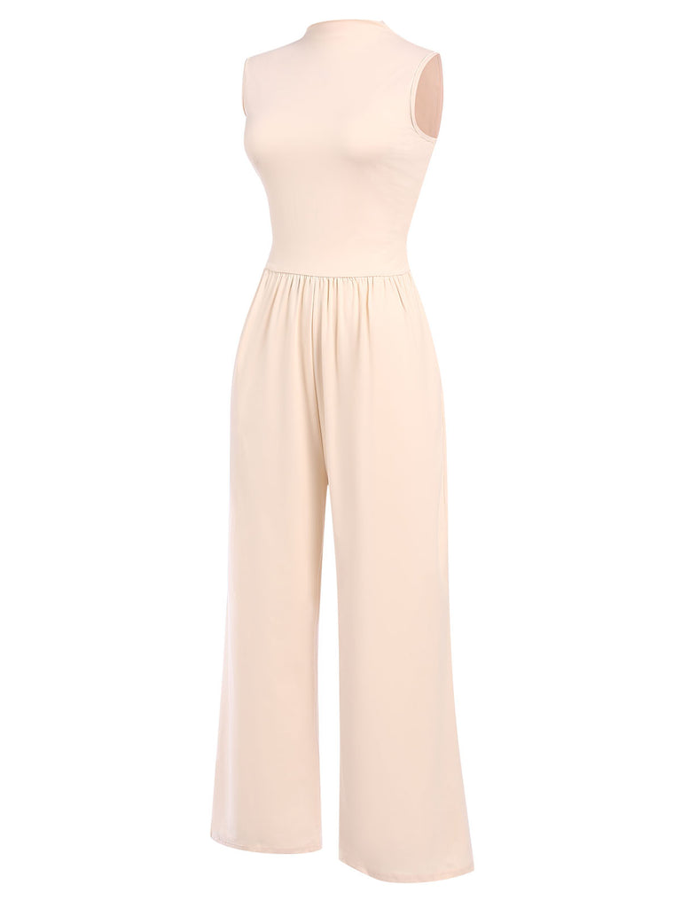 Beige 1940s Solid High Neck Jumpsuit, vintage romper, retro jumpsuit - perfect for women who love vintage and retro fashion
