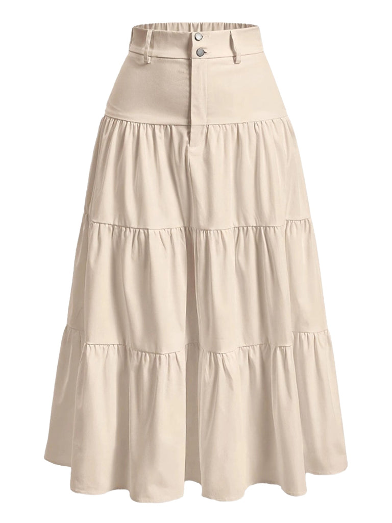Beige 1940s Solid Multi-Layer Ruffled Skirt - vintage skirt, retro style