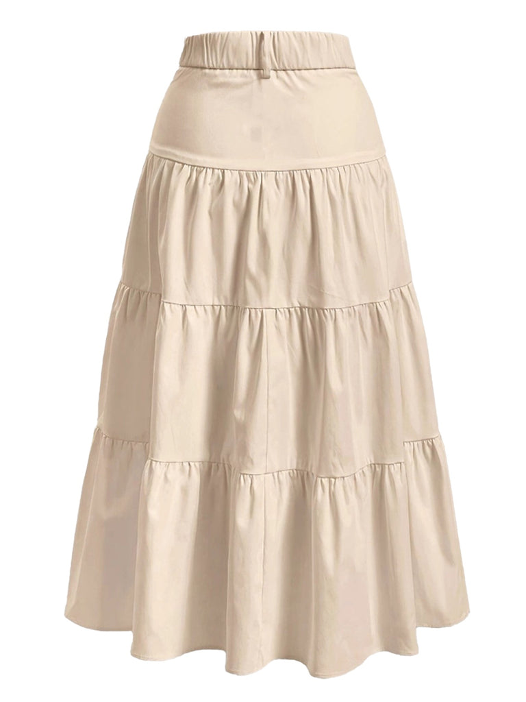 Beige 1940s Solid Multi-Layer Ruffled Skirt - vintage skirt, retro style
