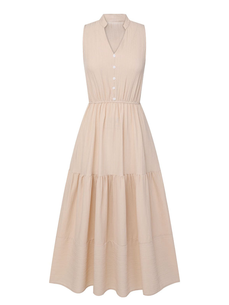 Beige 1940s Solid Stand Collar V-Neck Dress, vintage dress, retro fashion - perfect for women who love vintage and retro fashion