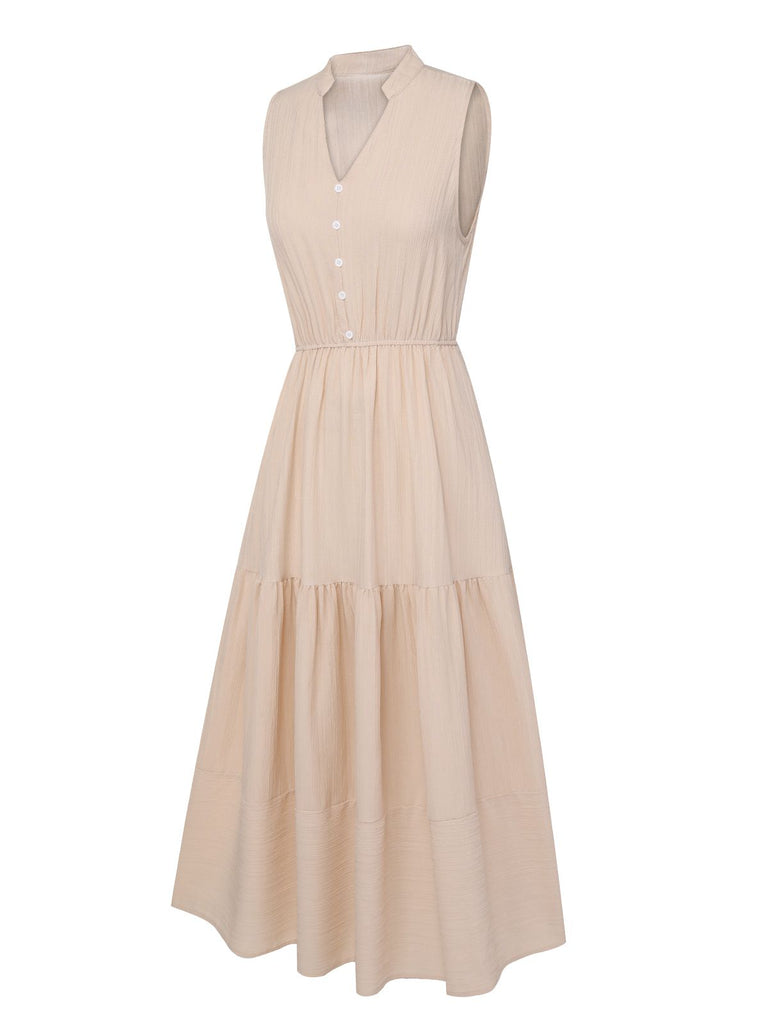 Beige 1940s Solid Stand Collar V-Neck Dress, vintage dress, retro fashion - perfect for women who love vintage and retro fashion