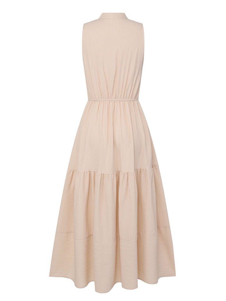Beige 1940s Solid Stand Collar V-Neck Dress, vintage dress, retro fashion - perfect for women who love vintage and retro fashion