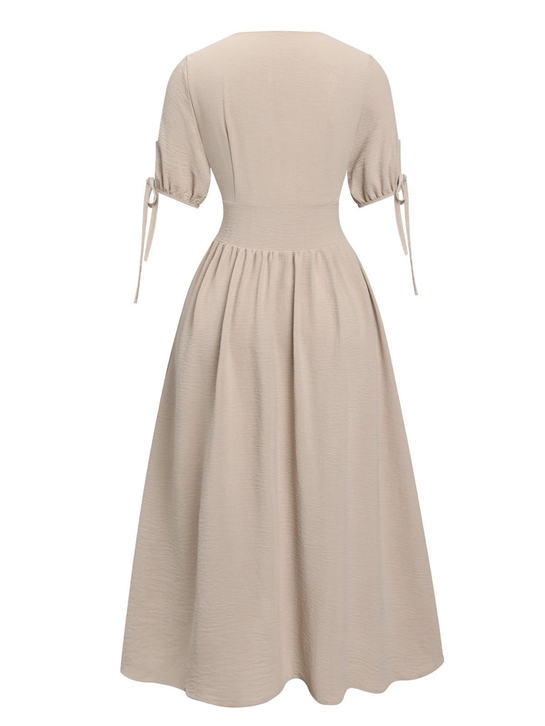Retro Stage Vintage V-Neck Drawstring Sleeve High Waist Solid Button A-Line Midi Dress Beige