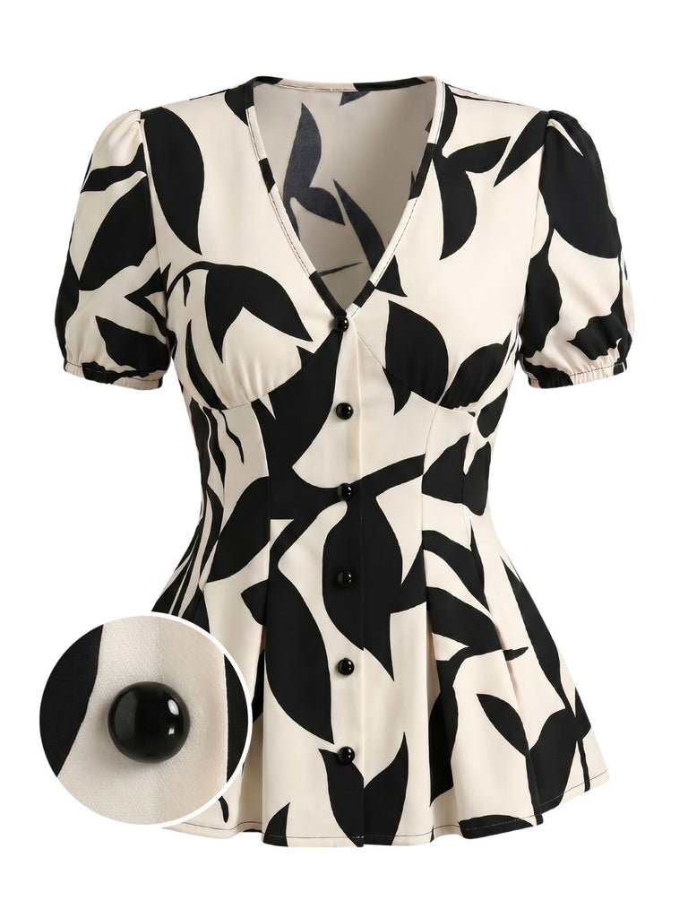 Beige 1940s V-Neck Puff Sleeve Belted Floral Dress, vintage dress, retro fashion, floral print - perfect for women who love vintage and retro fashion