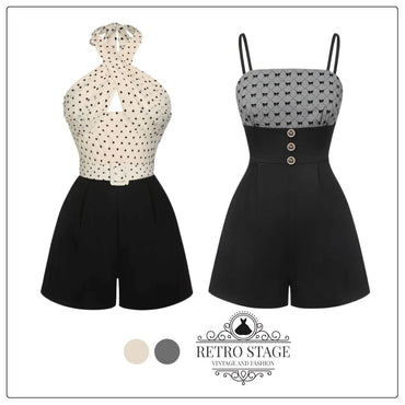 She finds her 1950s story in this Beige 1950s 3D Heart Halter Patchwork Romper