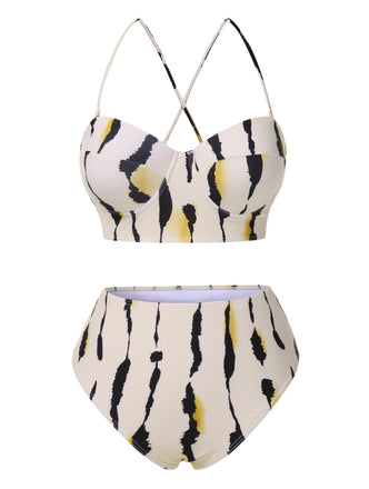 She's wearing Beige 1950s Back Cross Straps Ink Splash Swimsuit and the whole beach remembers the 1950s