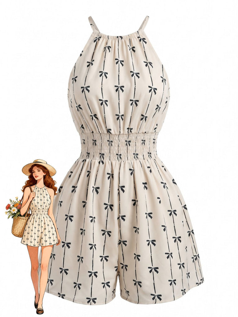 Apricot 1950s Print Halter Sleeveless Romper 2