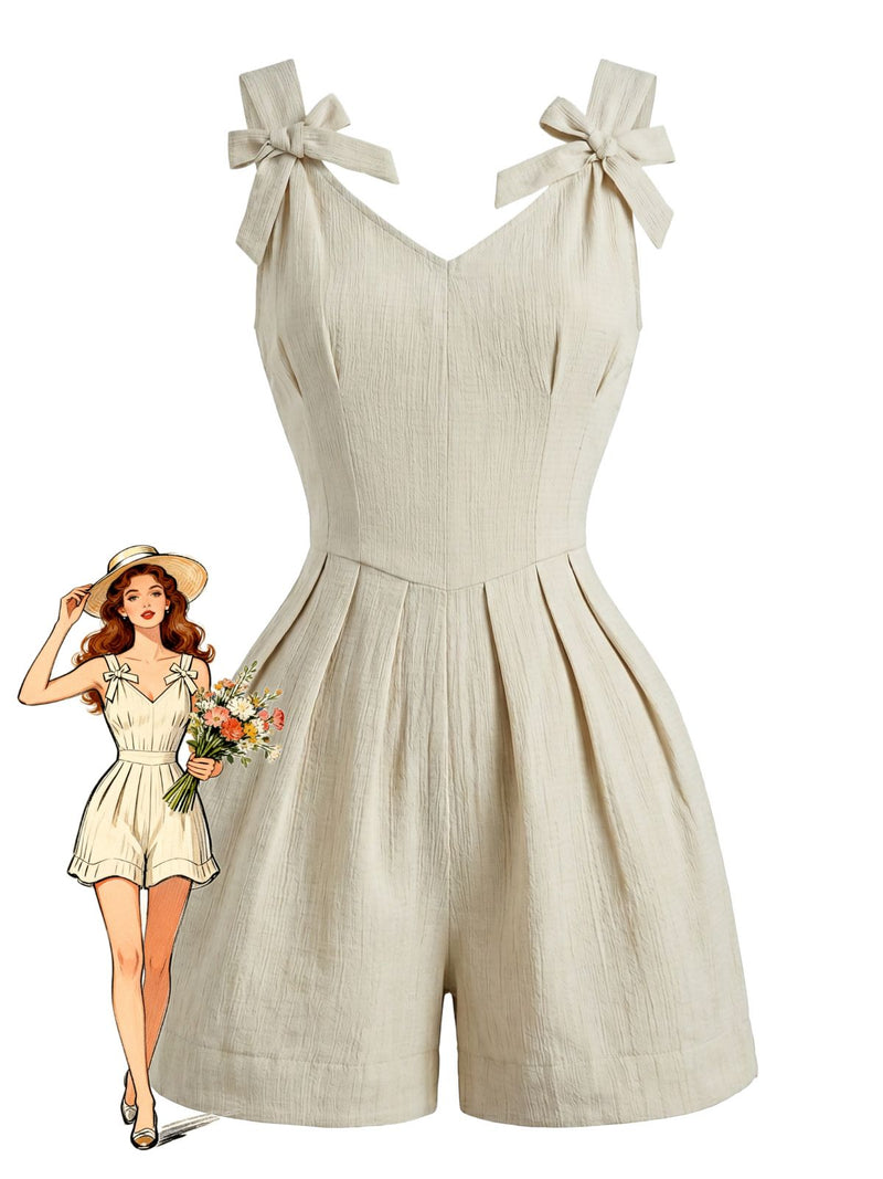 Beige 1950s Bow Wide-Strap Pleated Romper | Retro Stage