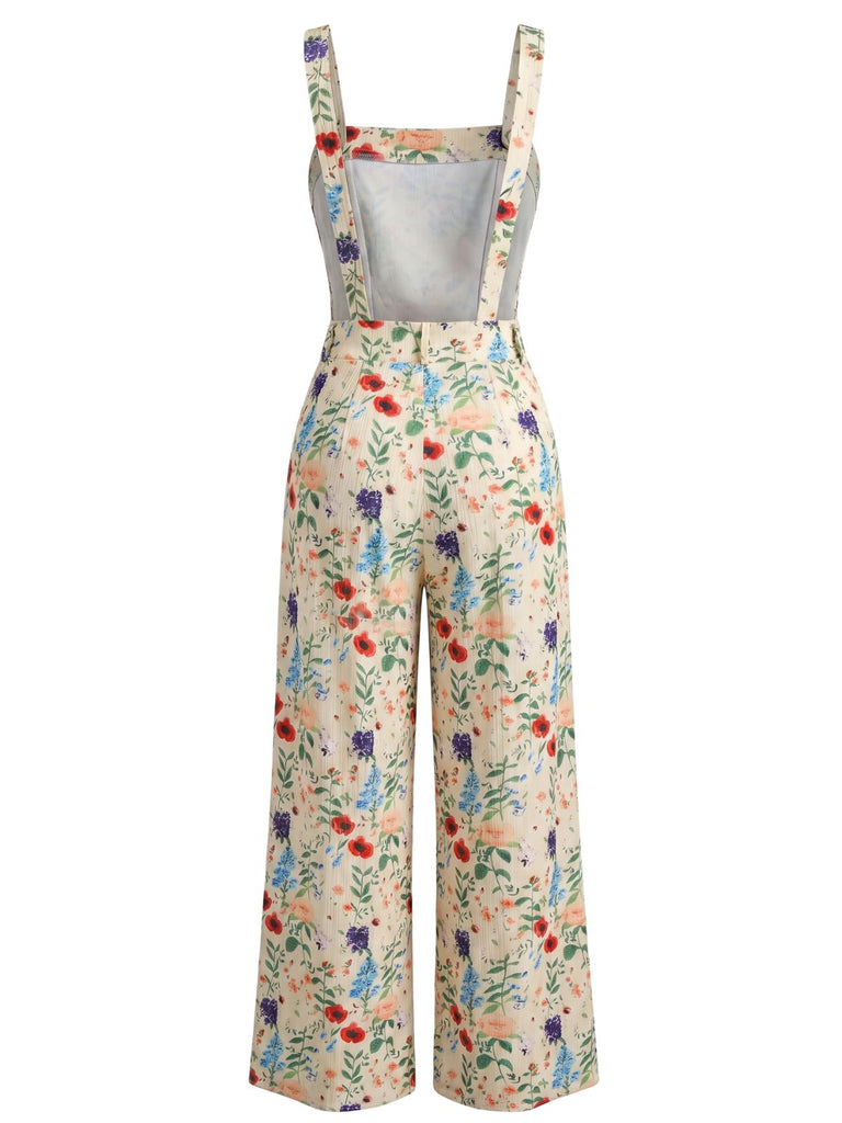 Beige 1950s Floral Butterfly Print Button Romper, vintage romper, retro jumpsuit - perfect for women who love vintage and retro fashion