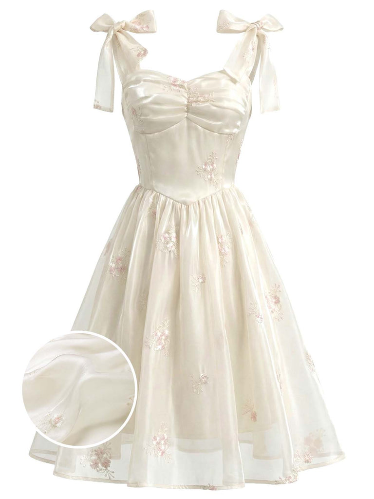 Pre-Sale] Beige 1950s Floral Embroidered Satin Tie-Strap Corset Dress