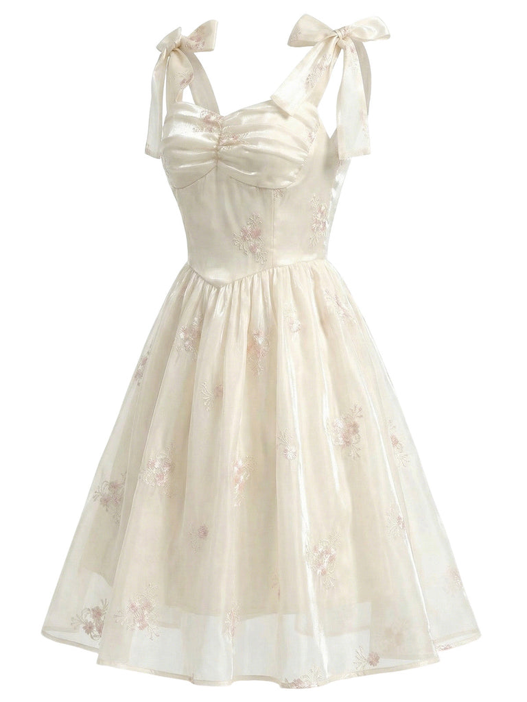 Pre-Sale] Beige 1950s Floral Embroidered Satin Tie-Strap Corset Dress