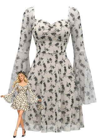 She slips into this Beige 1950s Floral Sweetheart Mesh Bell-Sleeve Mini Dress and suddenly it's a 1950s daydream