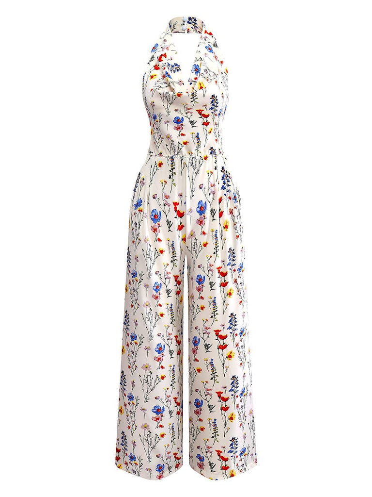 Beige 1950s Halter Floral Backless Jumpsuit - vintage jumpsuit, retro fashion