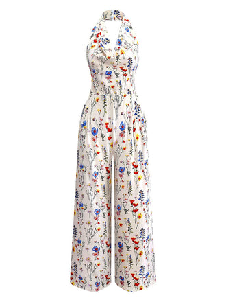Beige 1950s Halter Floral Backless Jumpsuit - vintage jumpsuit, retro fashion