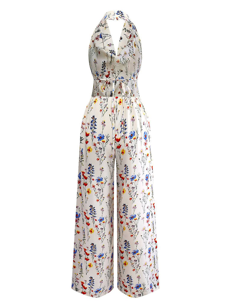 Beige 1950s Halter Floral Backless Jumpsuit - vintage jumpsuit, retro fashion