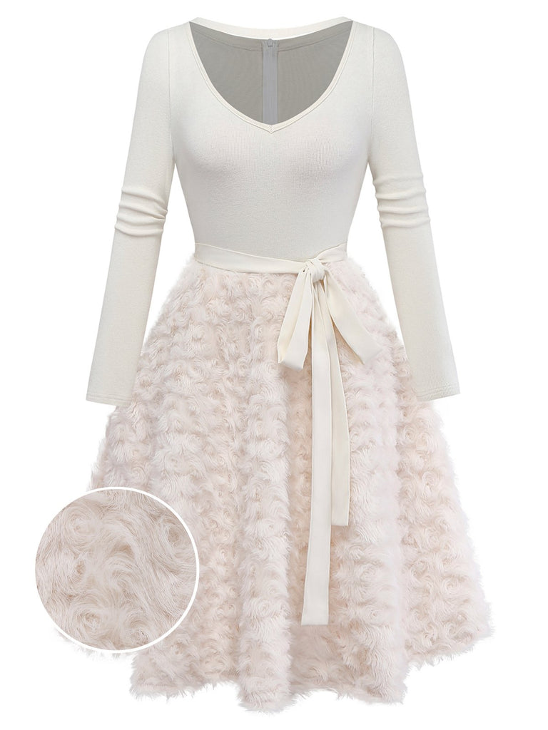 Beige 1950s Keyhole Bow Knit Plush Patchwork Dress - vintage dress, retro fashion, rockabilly