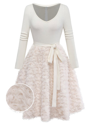Beige 1950s Keyhole Bow Knit Plush Patchwork Dress - vintage dress, retro fashion, rockabilly