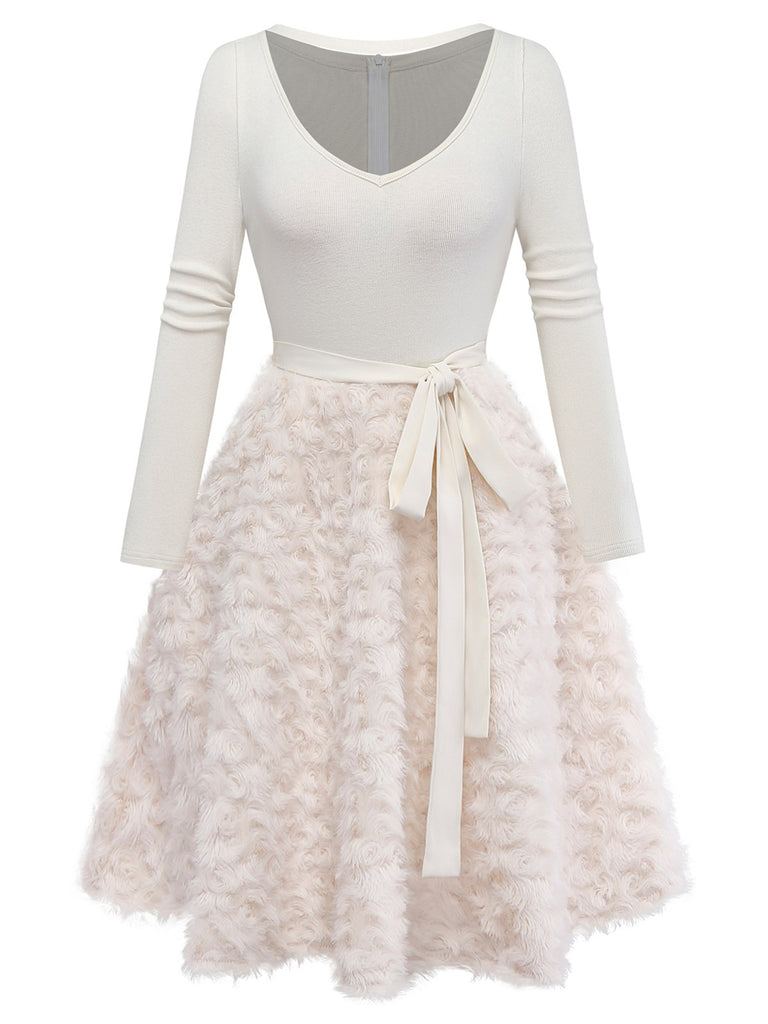 Beige 1950s Keyhole Bow Knit Plush Patchwork Dress - vintage dress, retro fashion, rockabilly