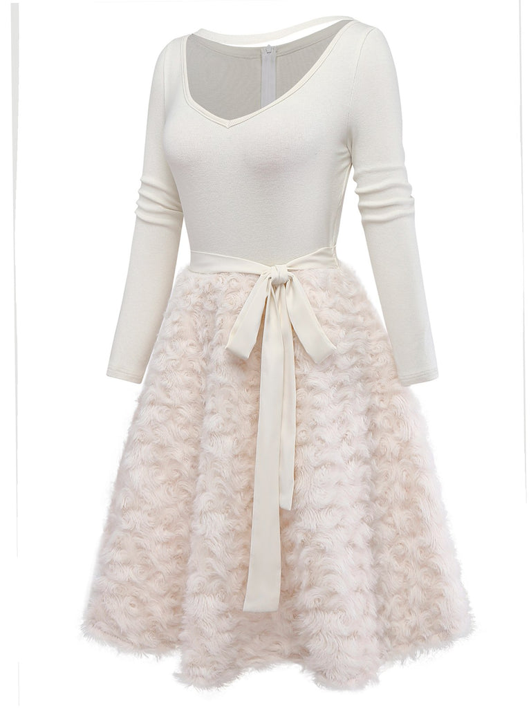 Beige 1950s Keyhole Bow Knit Plush Patchwork Dress - vintage dress, retro fashion, rockabilly