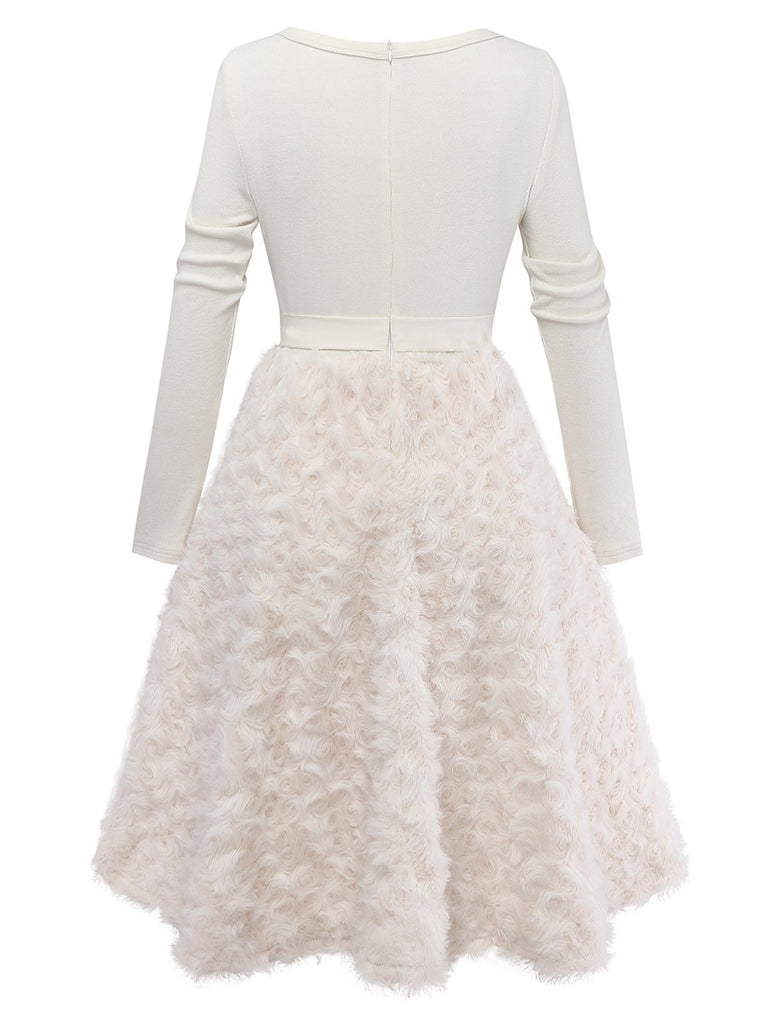 Beige 1950s Keyhole Bow Knit Plush Patchwork Dress - vintage dress, retro fashion, rockabilly
