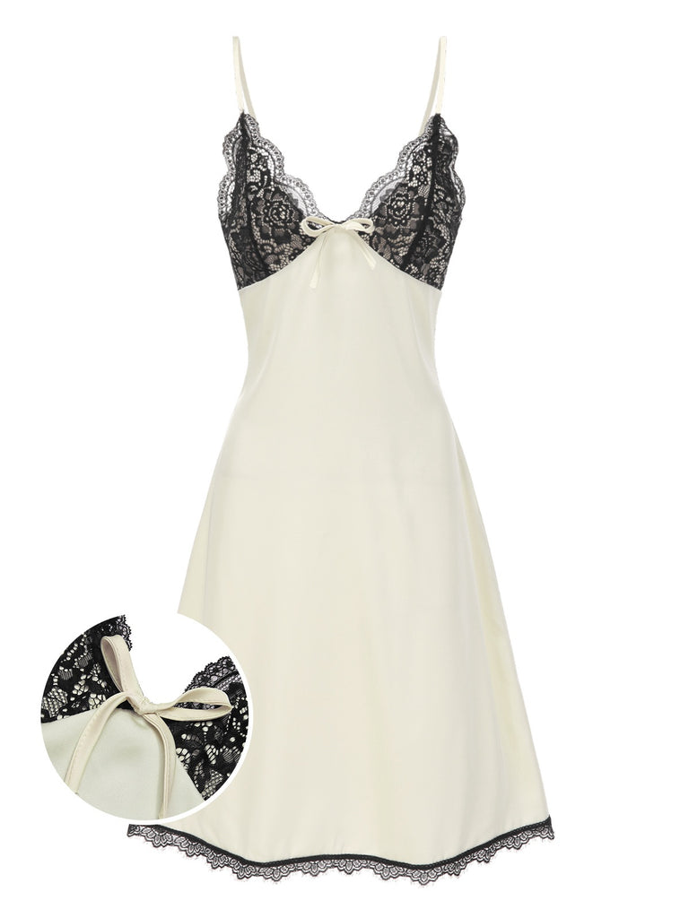 She slips into this Beige 1950s Lace Patchwork Satin Straps Nightgown and suddenly it's a 1950s daydream