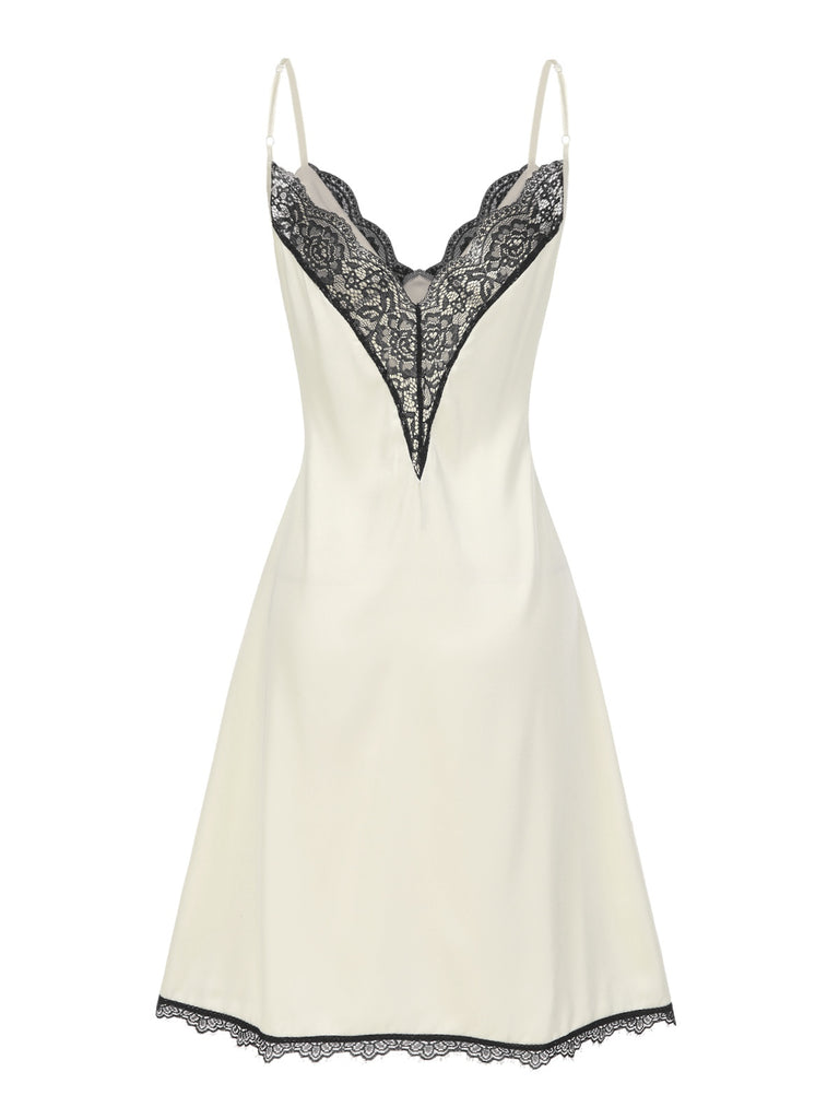 Beige 1950s Lace Patchwork Satin Straps Nightgown — the kind of 1950s dress that makes strangers smile