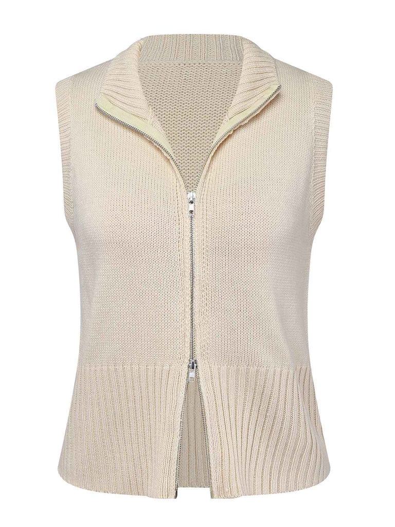 Beige 1950s Lapel Sleeveless Knitted Vest - vintage fashion, retro style