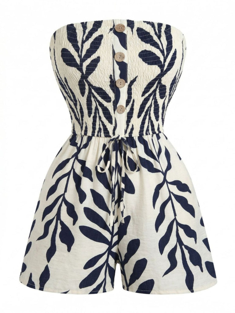 Beige 1950s Leaf Print Strapless Smocked Tie Waist Romper, vintage romper, retro jumpsuit - perfect for women who love vintage and retro fashion
