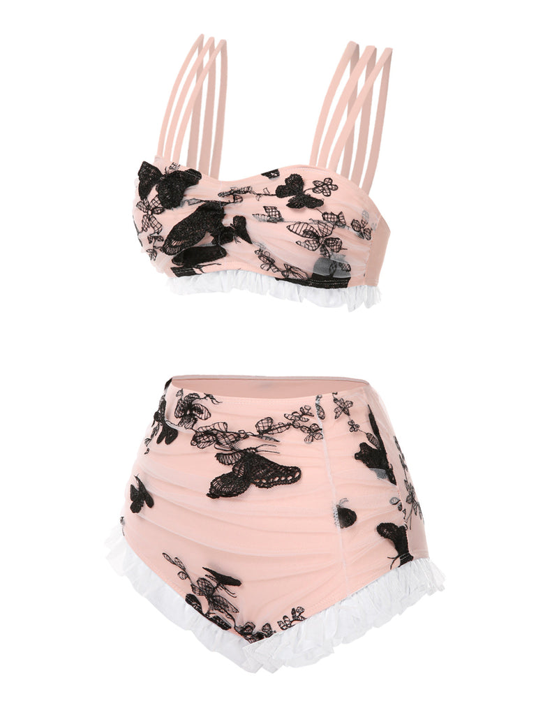 View 11: Beige 1950s Mesh Butterfly Tankini Set with elegant butterfly embroidery, perfect for vintage beach fashion