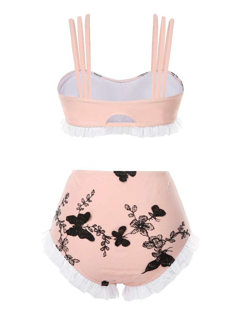 View 12: Beige 1950s Mesh Butterfly Tankini Set showcasing delicate butterfly design, elegant vintage swimwear