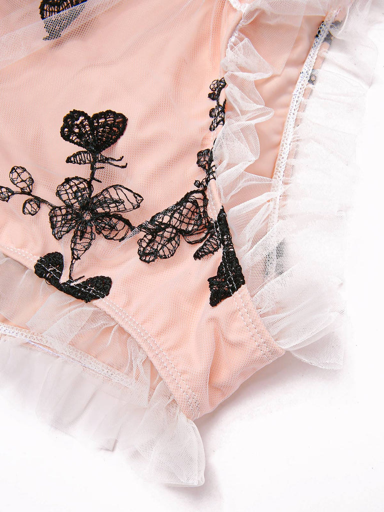 View 14: Beige 1950s Mesh Butterfly Tankini Set with beautiful butterfly pattern, retro beach style