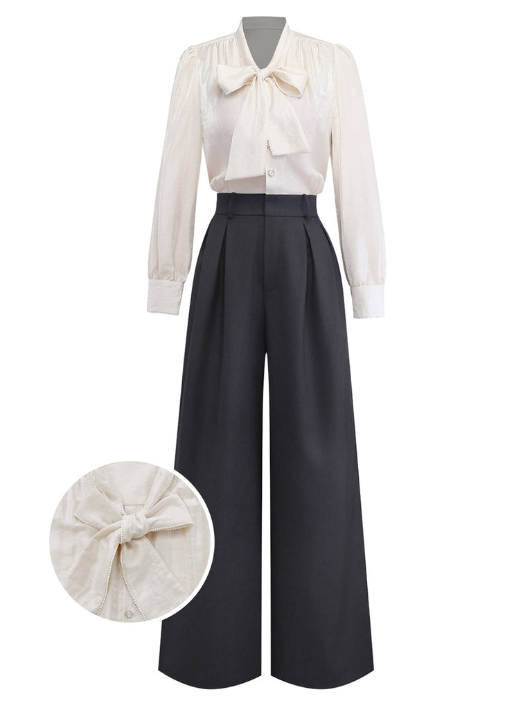Beige 1950s Pearl Trimmed Bow Tie-Neck Jumpsuit - vintage jumpsuit, retro fashion