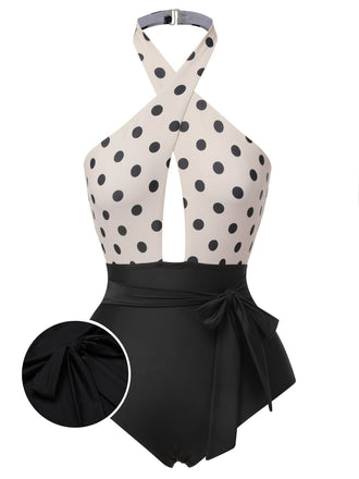 Beige 1950s Polka Dot Halter One-Piece Swimsuit, vintage swimsuit, pin-up swimwear - perfect for women who love vintage and retro fashion