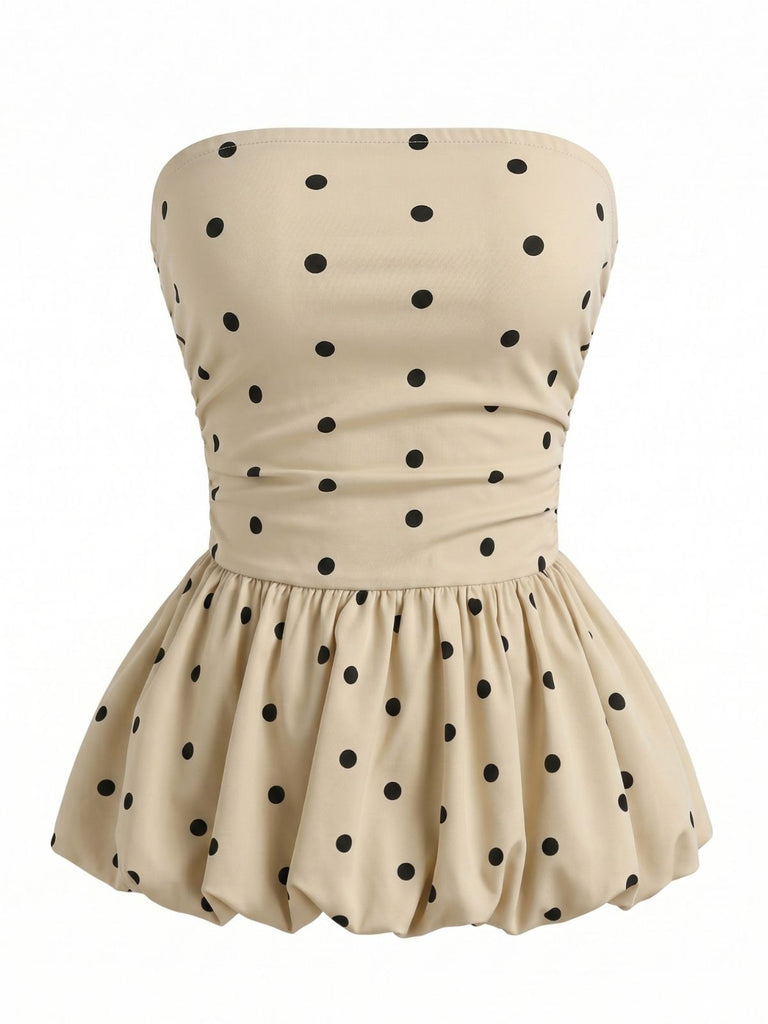 Beige 1950s Polka Dot Strapless Flared Peplum Hem Top, vintage top, retro blouse - perfect for women who love vintage and retro fashion