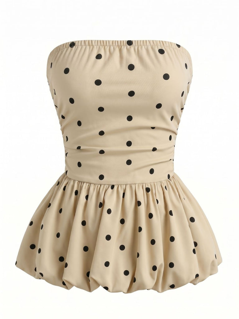 Beige 1950s Polka Dot Strapless Flared Peplum Hem Top, vintage top, retro blouse - perfect for women who love vintage and retro fashion
