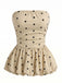 Beige 1950s Polka Dot Strapless Flared Peplum Hem Top, vintage top, retro blouse - perfect for women who love vintage and retro fashion