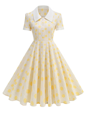 Beige 1950s Polka Dots Lapel Buttons Dress - vintage dress, retro fashion, rockabilly