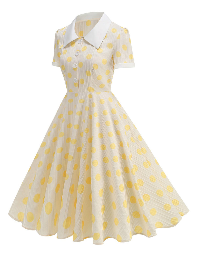 Beige 1950s Polka Dots Lapel Buttons Dress - vintage dress, retro fashion, rockabilly