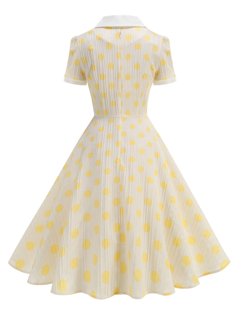 Beige 1950s Polka Dots Lapel Buttons Dress - vintage dress, retro fashion, rockabilly