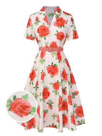 Beige 1950s Roses Lapel Dress With Belt, vintage dress, retro fashion, rockabilly, pin-up fashion - perfect for women who love vintage and retro fashion