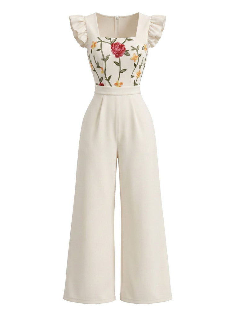 Beige 1950s Ruffle Mesh Square Neck Jumpsuit, vintage romper, retro jumpsuit - perfect for women who love vintage and retro fashion